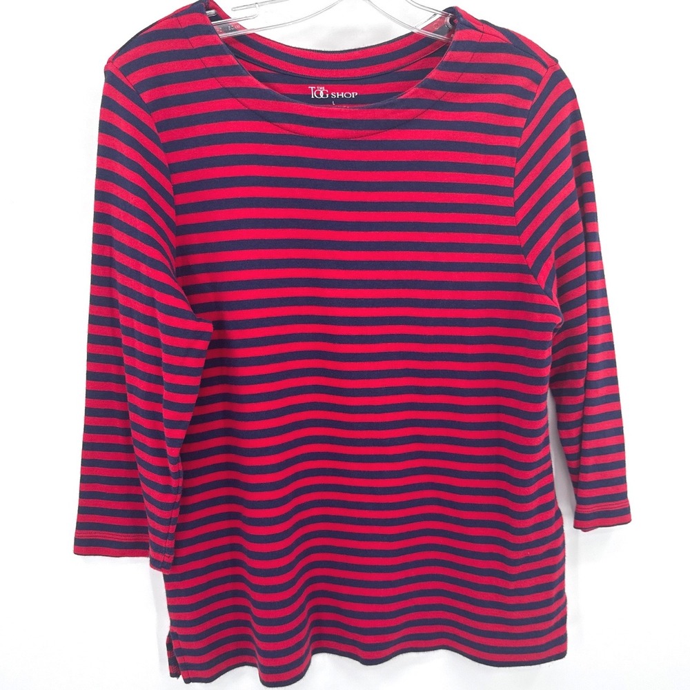 Nautical Coastal 4th of July Womens Top Large Red Navy Striped 3/4 Sleeve Preppy